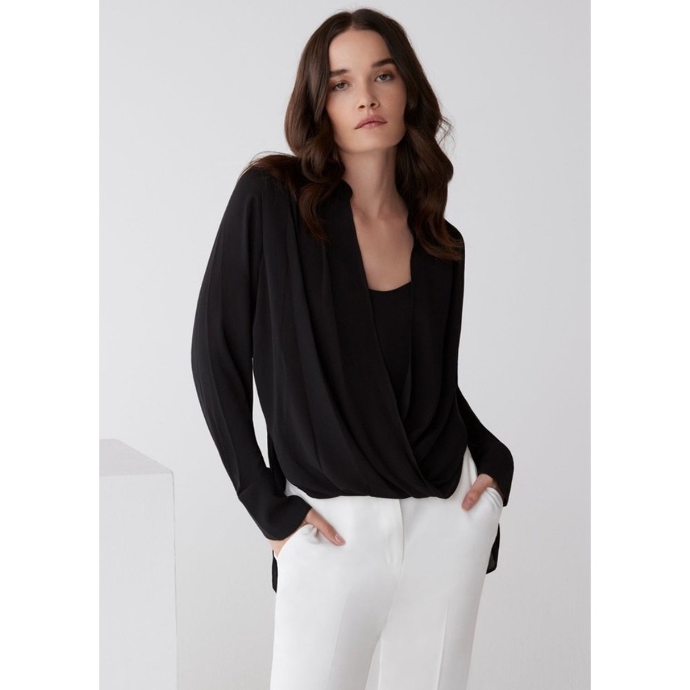 BCBG MaxAzria Women's Black Jaklyn Draped Front Blouse Sz M Hi Low Hem Office